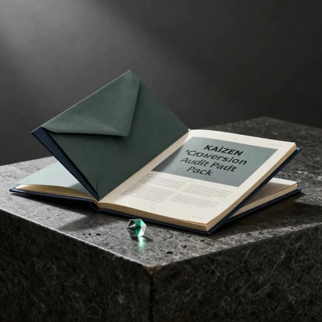 Open navy audit folio with notebook, divider and prism on a misty dark stone plinth.