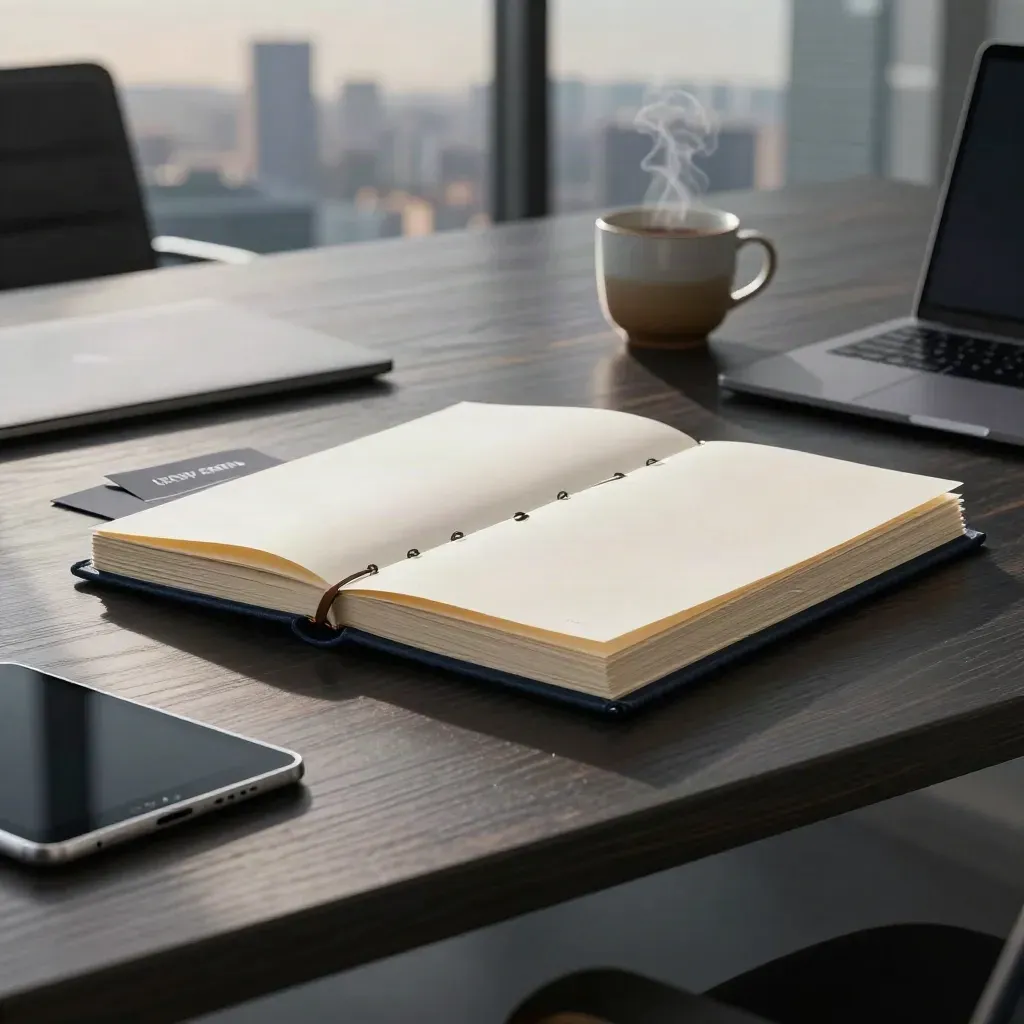 Navy binder, laptop, tablet and cup on a conference table in a blurred office with hazy daylight.