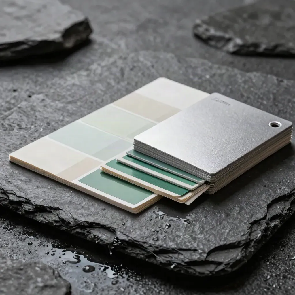 Rain-damp slate still life with a review folio, swatch strip and matte card pack