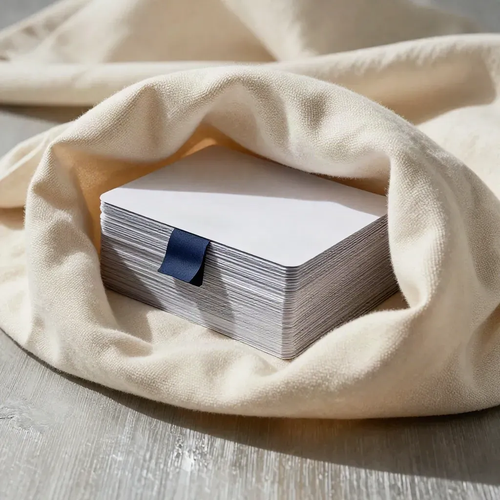 Cream cloth cradling a navy-tabbed card pack in dramatic raking light