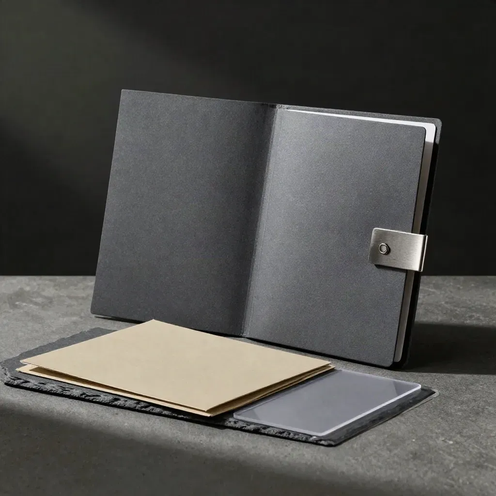 Graphite ROI report folio, sleeve and clip on slate under hard side light.