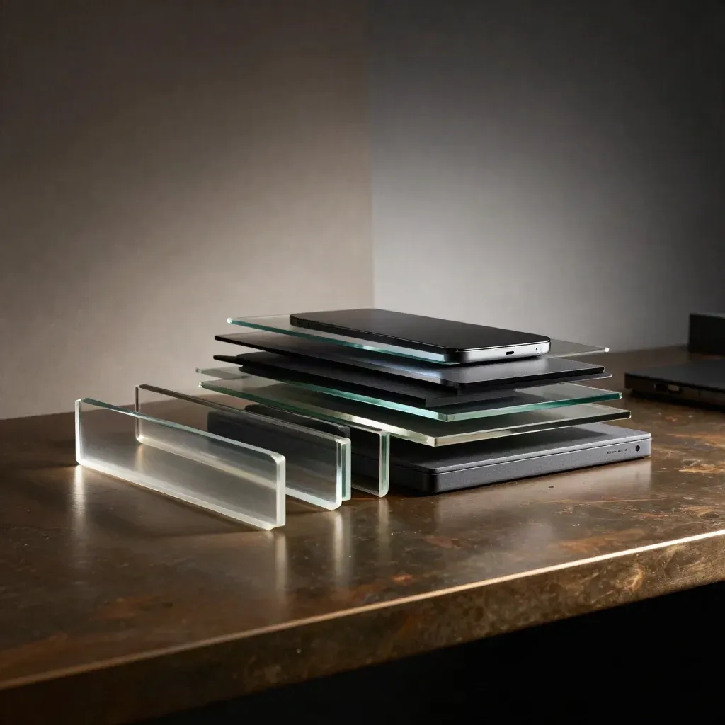 Translucent analytics layers, dark blocks and a face-down device on a bronze workbench