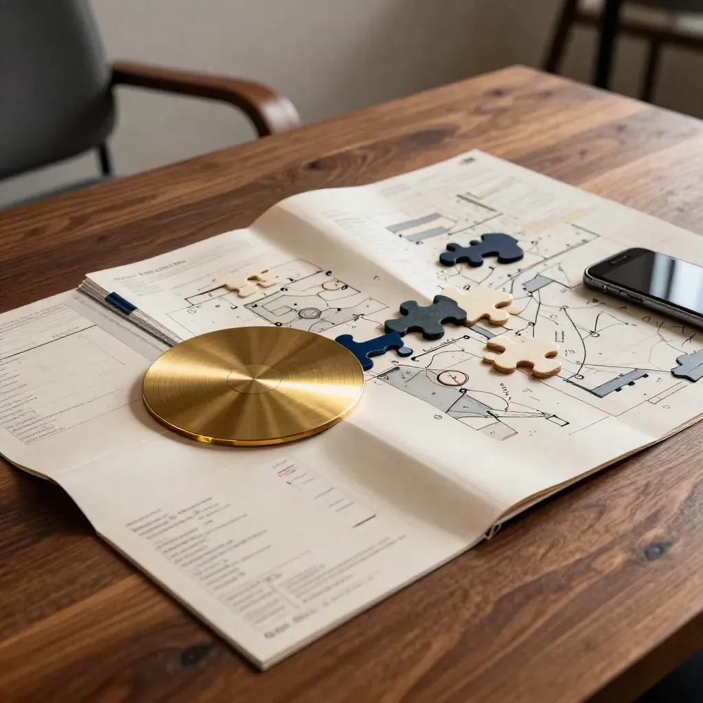 Strategy kit on warm wood with folded cards, brass disc and a phone