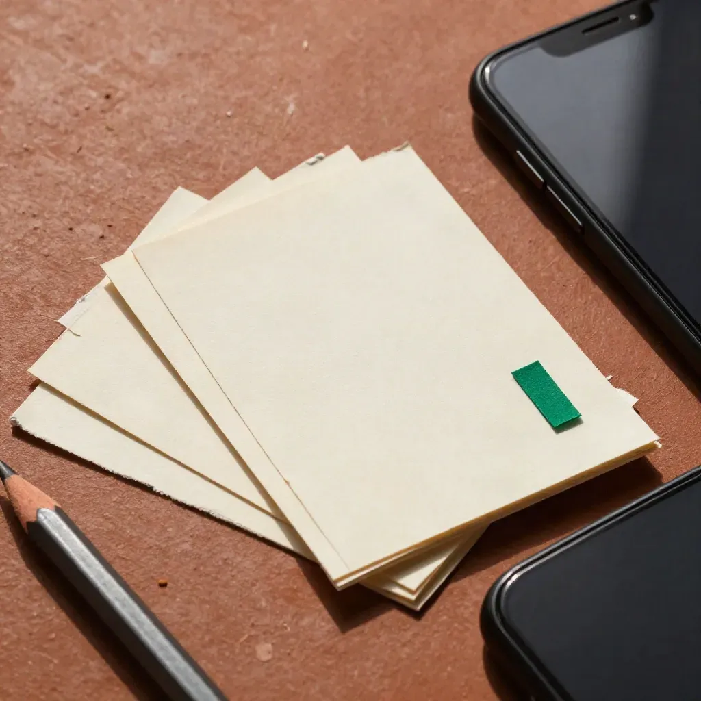 Torn proof cards, paper strips, pencil and face-down phone on terracotta board.
