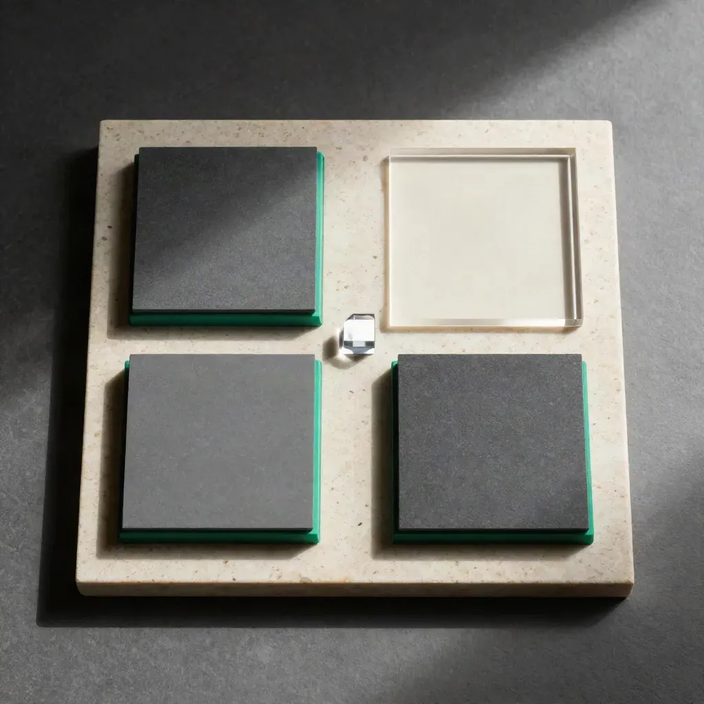 Top-down A/B test kit with graphite modules, proof sheet and acrylic spacer on travertine.