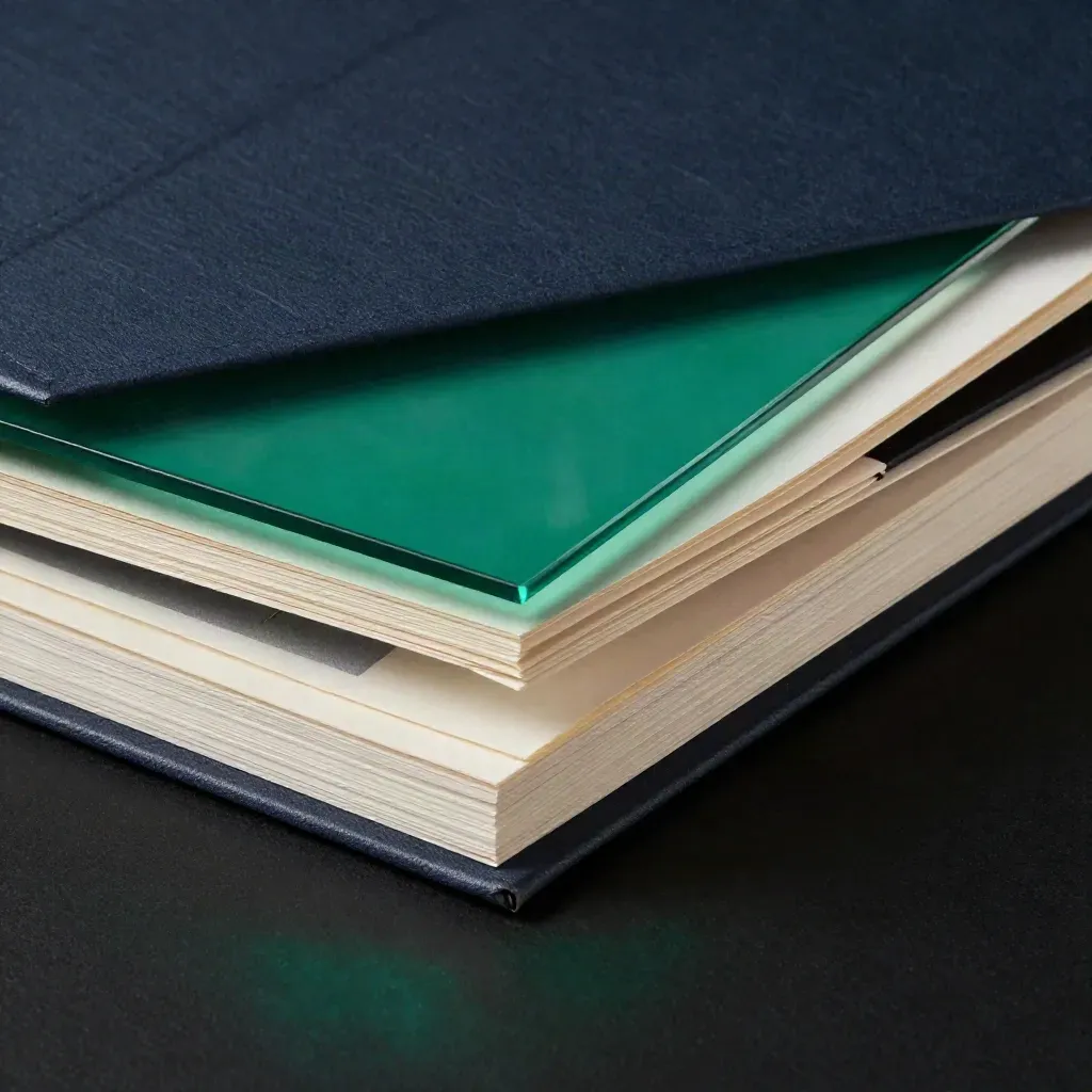 Emerald ROI reset kit with layered folios and dividers on a dark studio surface.