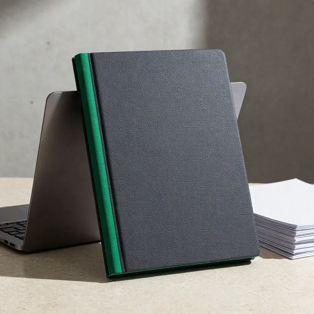 Graphite audit folio with emerald tabs beside a closed laptop in soft office haze