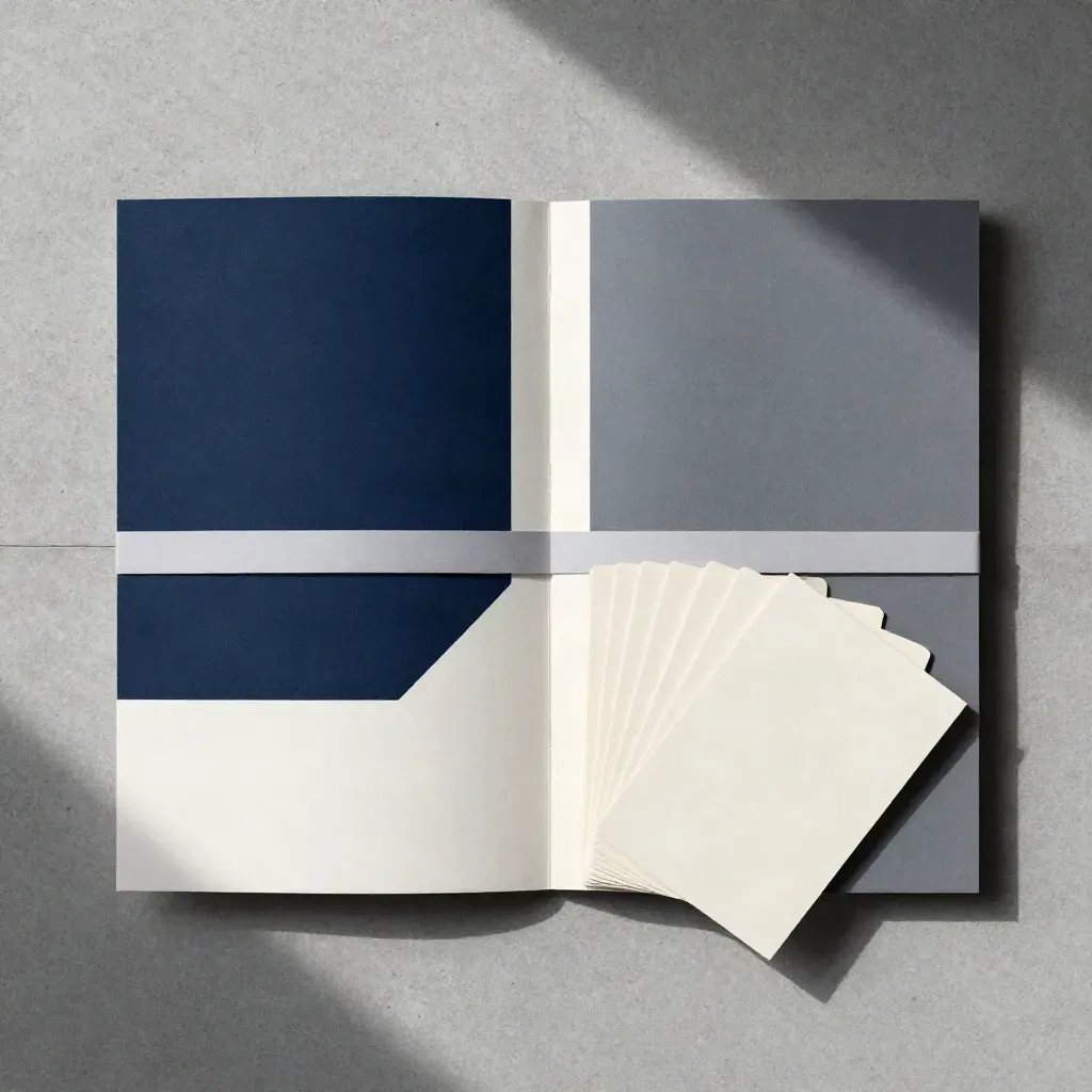 Overhead flatlay of a landing page test pack with abstract modules, spacer strip and proof cards on concrete.