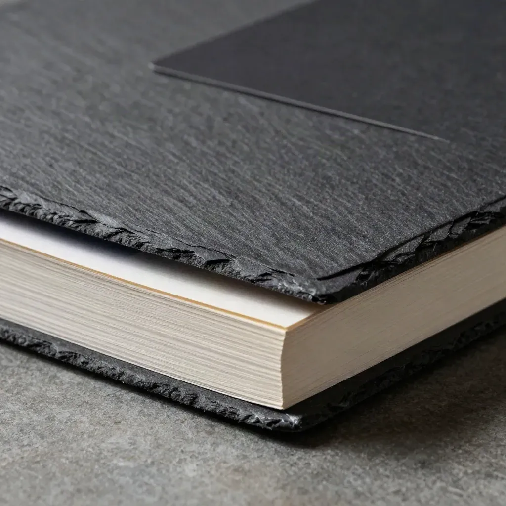 Slate cloth-bound report half-slid from a presentation sleeve on stone.