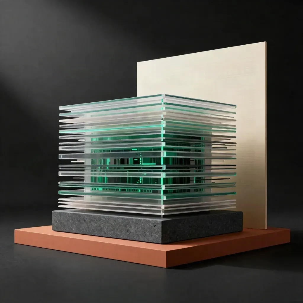 Layered translucent dashboard panels on a dark base with a soft emerald glow.