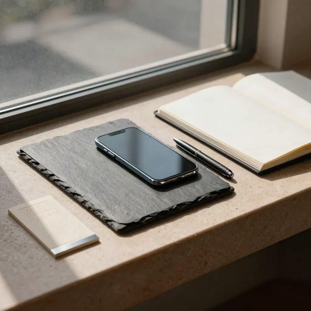 CRM audit bundle, face-down phone, open notebook, and pen case on limestone in window haze