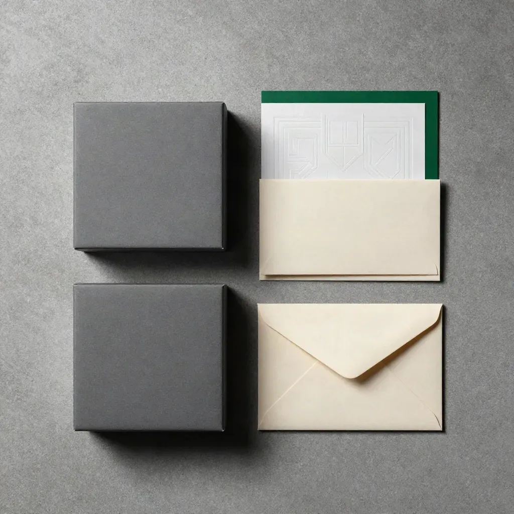 Top-down audit pack with boxes, mailer and envelope on concrete with an emerald accent.