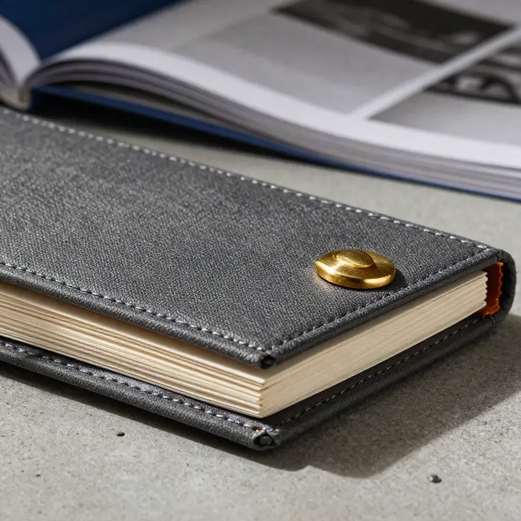 Half-open dark cloth retainer folio with brass clip on concrete, shot in moody macro light.