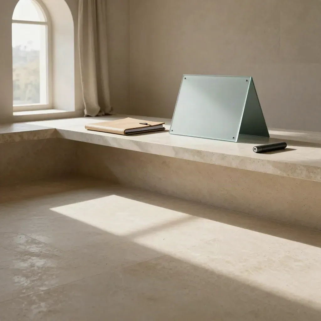 Limestone meeting room with arched window, linen curtain, and calm empty floor for copy.