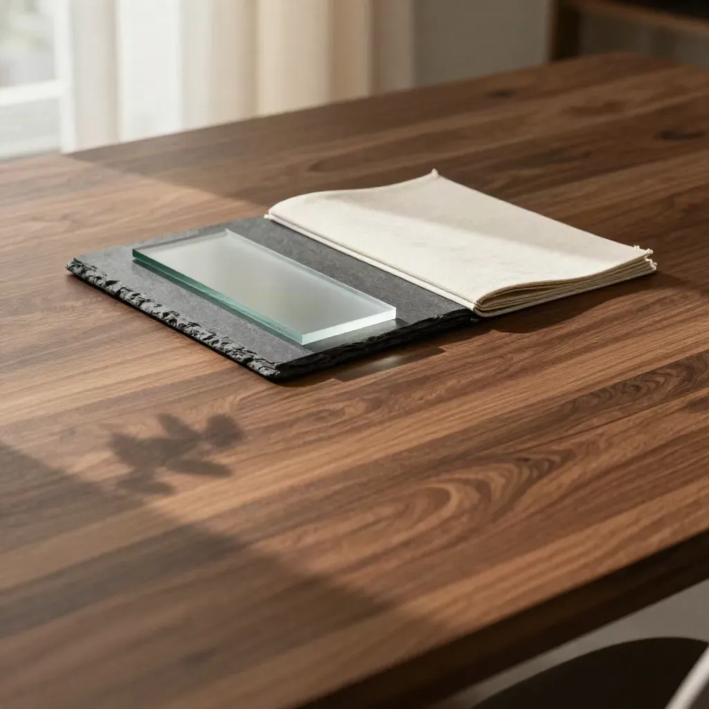Warm walnut boardroom surface with frosted glass, stone edge and soft plant shadow.