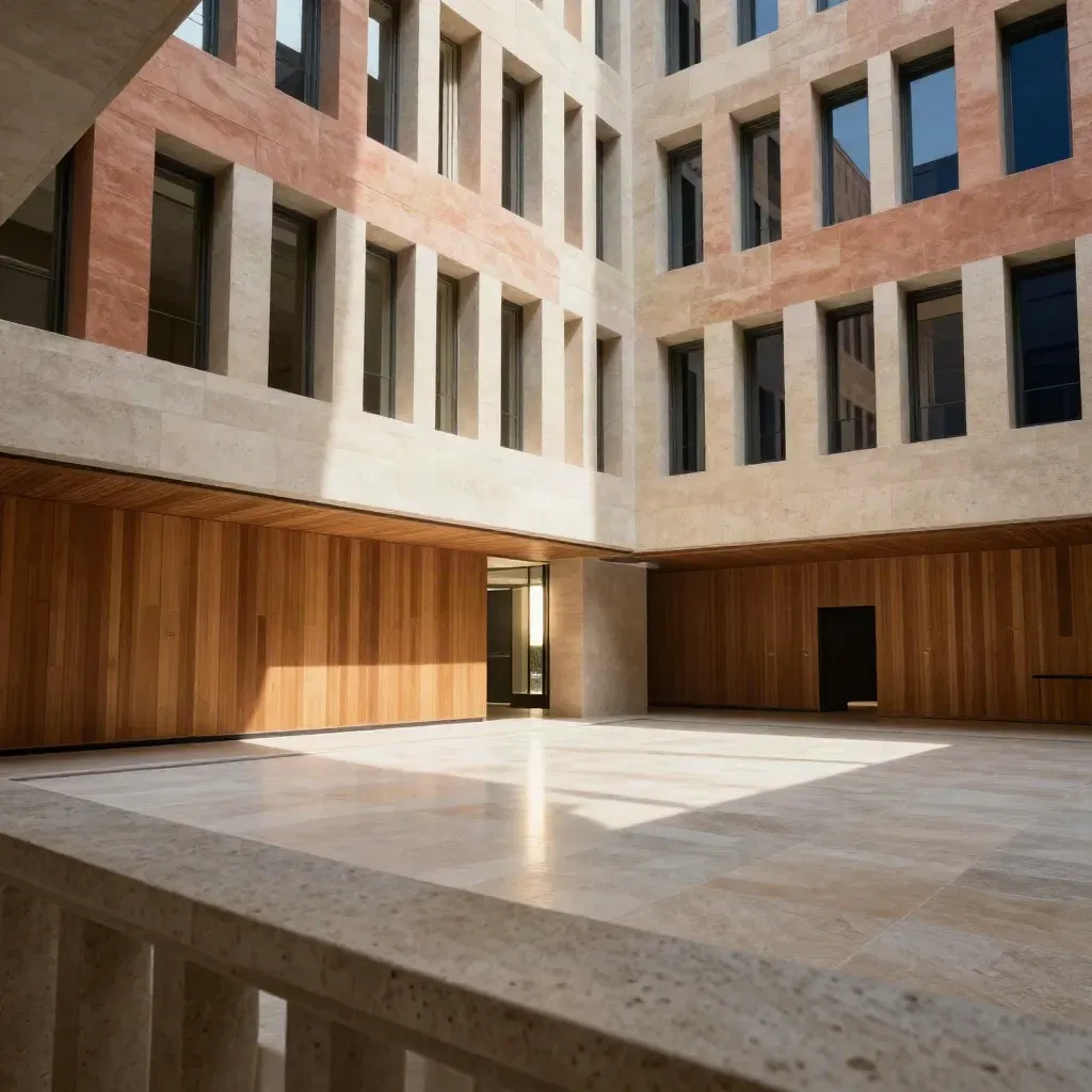 Sunlit atrium with reflective stone floor and calm open space for copy.
