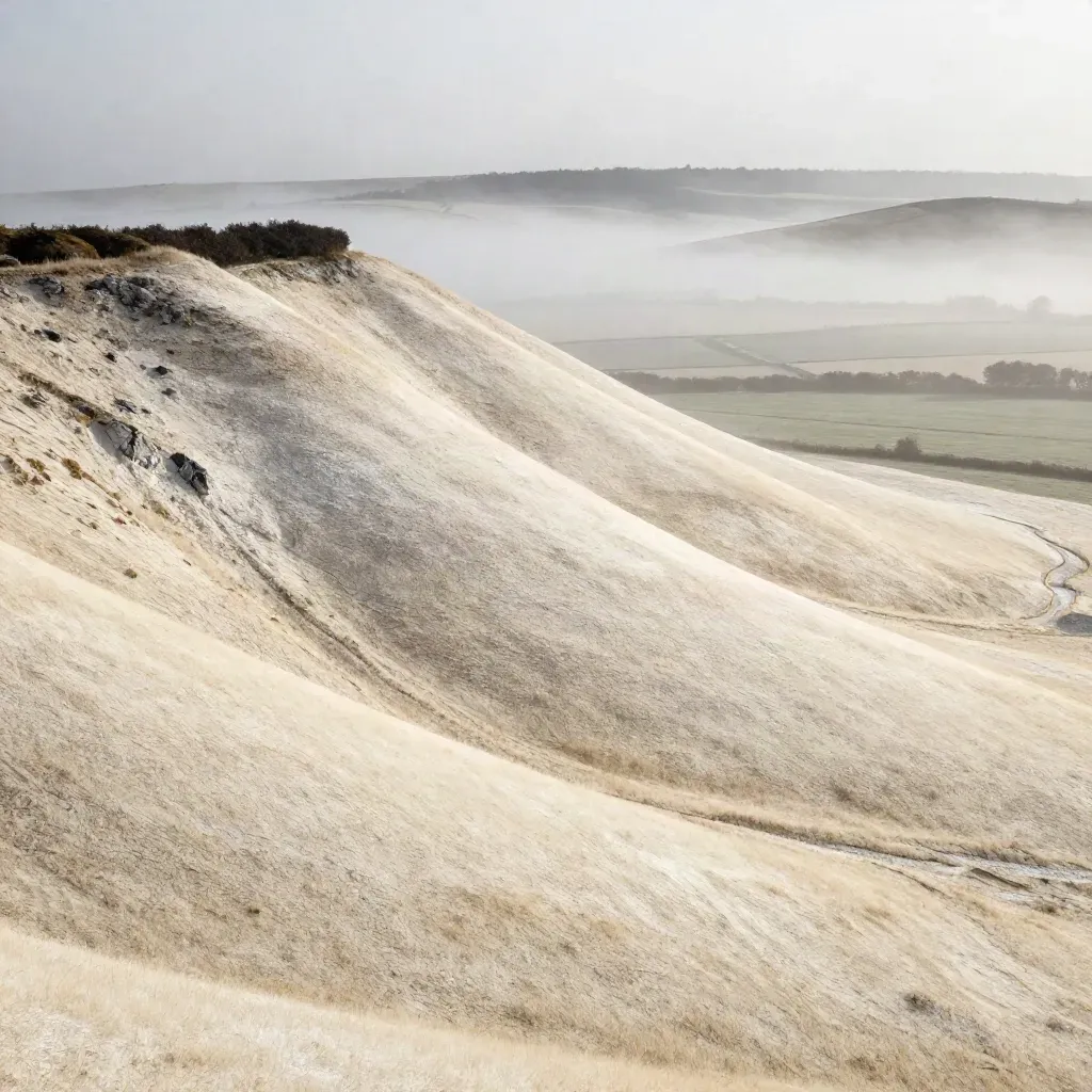 Misty chalk hillside with pale path and distant fields under a calm morning sky.